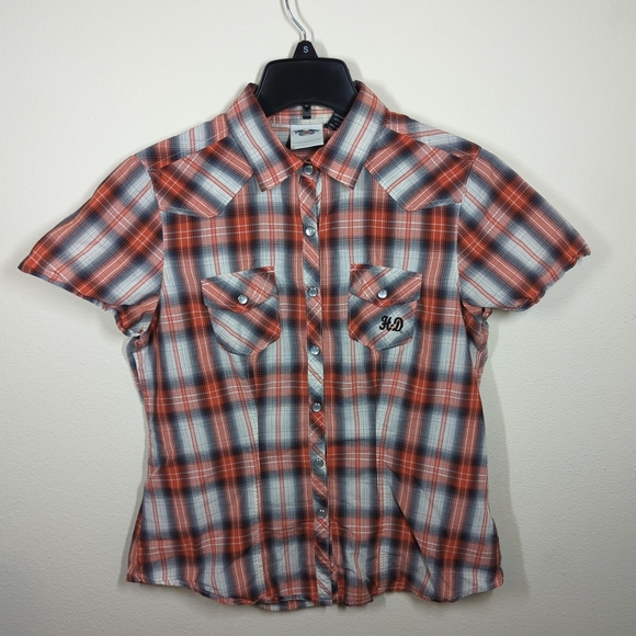 Harley Davidson Genuine Women's Size Medium Pearl Snap Plaid Short Sleeve Shirt - Picture 1 of 5